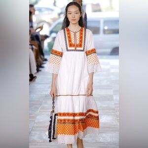 Tory Burch White Midi Dress with Orange Embroidery